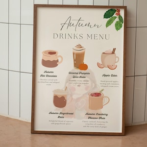 Bewerkbaar herfstmenubord voor koffiebar, gepersonaliseerde muurdecoratie voor café, herfstpompoen-kruidenlatte, keuken, digitale download