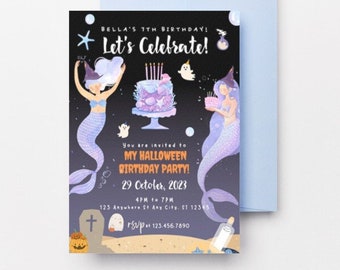 Purple Mermaid Halloween Invitation Card Editable Mermaid Birthday Halloween Invitation Template Invite Card Sea Printable Digital Download