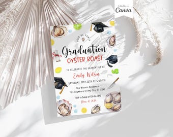 May include: A graduation party invitation featuring a watercolour illustration of oysters, lemons, and graduation caps. The text reads "Join us for a Graduation Oyster Roast to celebrate the graduation of Emily Wilson. Saturday, May 23rd at 5:00 PM. The Wilson's Residence 123 Anywhere St Any City, ST 12345. RSVP to Evelyn at 123-456-7810. Class of 2020."