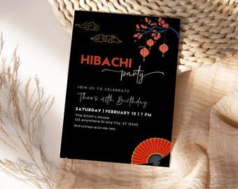 Invitación de cumpleaños con cena hibachi, invitación a almuerzo hibachi, fiesta en restaurante japonés, plantilla editable de Canva, descarga instantánea F004