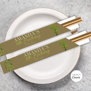Editable Bamboo Chopstick Sleeves, Asian Dinner Party Decor, Hibachi Chopstick Birthday Party, Personalized Chopstick, Japanese, Canva