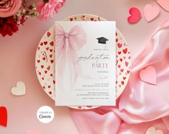 Pink Bow Graduation Invitation, School Commencement Announcement, Grad Video Party Invite, College, Masters Degree Invitation, Class of 2025