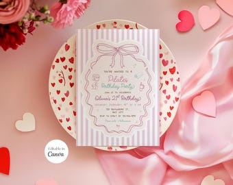 Pilates Party Birthday Invitation, Editable Template, Girly Invite, Hand Drawn Yoga Birthday Invite, Doodle Coquette Boho Whimsical, Canva
