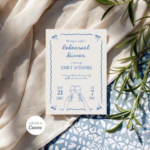 Rehearsal Dinner Invitation, The Night Before Invite, Blue Whimsical Dinner Invite, Hand Drawn Coquette Wedding Rehearsal Editable Template