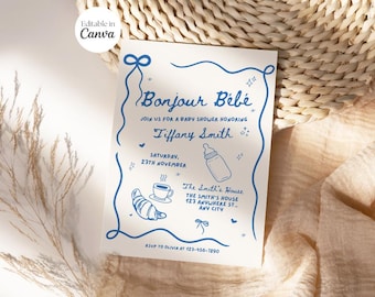 Editable Bonjour Bébé Baby Shower Invitation, Boy, Blue Cute Coquette Bow Baby Shower, French Bakery Parisian Café, Croissant, Coffee, Canva