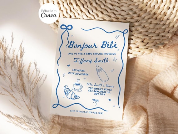 Editable Bonjour Bébé Baby Shower Invitation, Boy, Blue Cute Coquette Bow Baby Shower, French Bakery Parisian Café, Croissant, Coffee, Canva