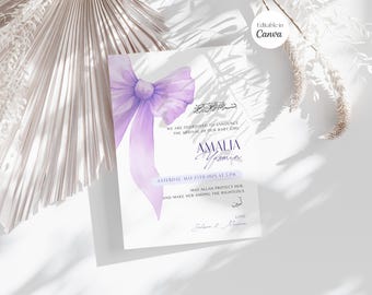 May include: A white invitation card with a watercolor purple bow and text announcing the arrival of a baby girl named Amalia Yasmin. The card includes the date, time, and a blessing, with the words "Editable in Canva" in the top right corner.