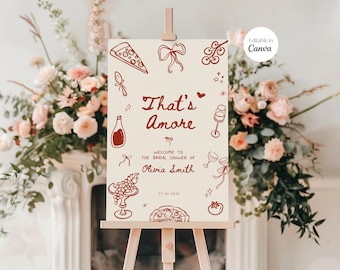 Editable Thats Amore Bridal Shower Welcome Sign, Italian Wedding Party Poster, Handdrawn Rehearsal Dinner, Bow Bridal Brunch, Canva D002