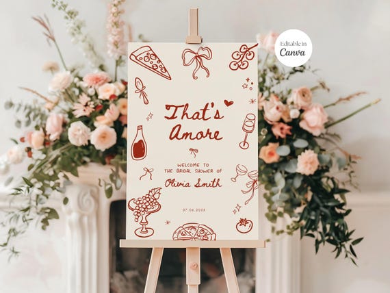 Editable Thats Amore Bridal Shower Welcome Sign, Italian Wedding Party Poster, Rehearsal Dinner Handdrawn Bridal Brunch, Bow Coquette, Canva