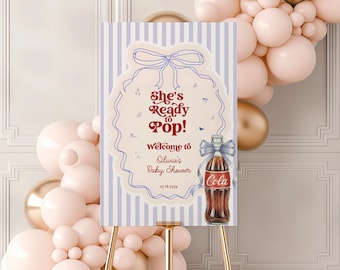 She's Ready to Pop Welcome Sign, Boy Baby Shower Poster, Blue Soda Pop Theme, Soda Pop Baby Shower, Editable Canva Template, B002