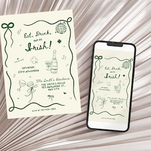 St Patricks Day Invitation, Eat Drink and Be Irish Invite Card, Lucky Mobile Invitation, Coquette Hand Drawn Leprechaun, Canva Template C303