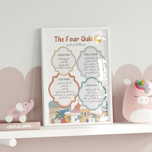 Cartel islámico guardería de la habitación de los niños, arte de la pared cuatro Quls imprimible, impresión colorida del arte de la pared de los niños, descarga digital del cartel de los niños islámicos