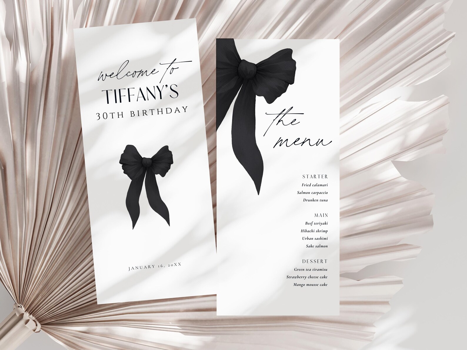 Bow Menu Template, Ribbon Wedding Menu Card, Black Bow Menu Slim, Menu ...