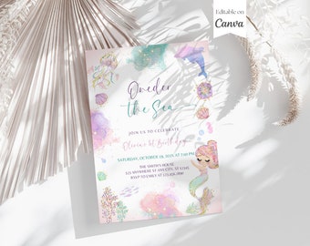 Oneder The Sea Invitation, Under The Sea Birthday Invite, 1st Birthday Mermaid Invites, Ocean Animals Girls Invite, Editable Canva Template