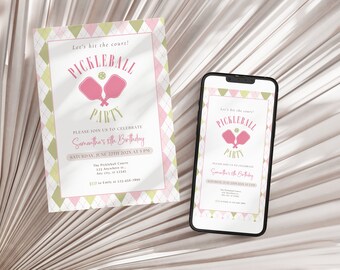 Pickleball Birthday Invitation, Pickleball Birthday Party, Pickleball Invite, Drinks and Dinks, Pickleball Paddle, Printable Canva Template