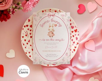 Coquette vintage roze strik babyshoweruitnodiging, konijntje is onderweg uitnodigen, babyshower uitnodigen, boho, bloemen, konijntje verhalenboek Pasen