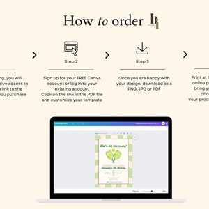 May include: A computer screen displays a tennis-themed invitation with the text "Let's hit the court!" and instructions on how to order. The steps include accessing a PDF, customizing the template, downloading as a PNG, JPG, or PDF, and printing.