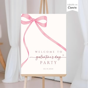 Galentine's Day Willkommensschild, bearbeitbare Valentinstag Party Willkommen Poster Vorlage, Galentine's Girls Night Party Decor, Schleife, Coquette, Canva