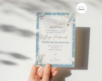 May include: A light blue baby announcement card with a border of stars and hot air balloons. The card includes text in English and Arabic announcing the arrival of a baby boy named Zayn Mubarak, with the date and time of the announcement.