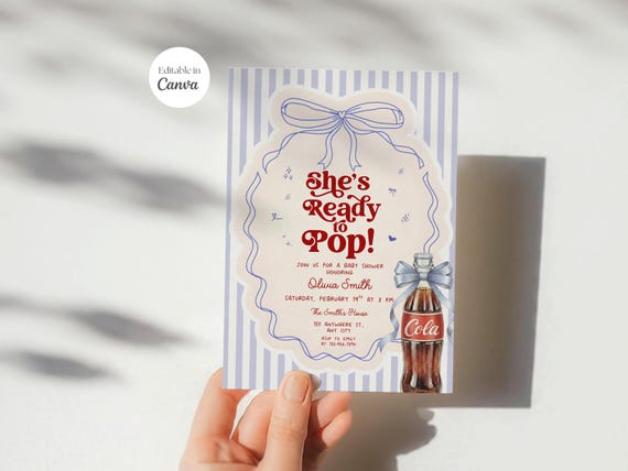 She's Ready to Pop Invite, Boy Baby Shower Invitation, Blue Soda Pop Theme, Soda Pop Baby Shower Ideas, Editable Template Ideas, Canva, B002
