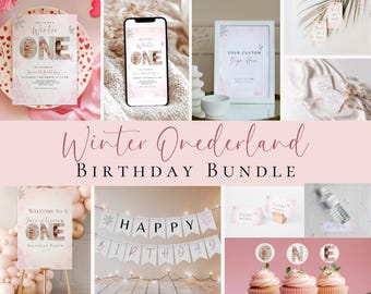 May include: A collection of party supplies with a winter theme. Includes invitations, a phone mockup, a sign, gift tags, a welcome sign, a banner that says "Happy Birthday", cupcakes, and water bottles. The theme is "Winter Onederland".