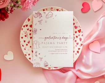 Galentine's Day pyjamafeestuitnodiging, bewerkbare sleepover Valentijnsdag uitnodigingssjabloon, Girls Night, pyjama handgetekende strik, canvas