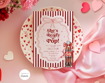 Ready to Pop Baby Shower Invitation Template, Editable She's Ready to Pop Baby Shower Invite, Soda Theme Baby Shower Red Bow, Canva B003