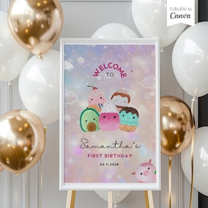 Squish Mallow Birthday Welcome Sign Printable, Girl Squishy Birthday Party Welcome Decor, Squish on Over Party, Canva Editable Template