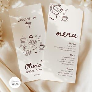 Modelo de cardápio de café, cartão de cardápio de casamento com fita, cardápio de chá de panela Love is Brewing, cartão de cardápio de aniversário de casamento 4x9, modelo Canva