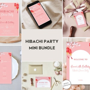 Mini paquete de fiesta de cumpleaños de cena Hibachi, invitación a fiesta de almuerzo Hibachi, restaurante japonés, cartel de bienvenida de invitación, plantilla editable de Canva