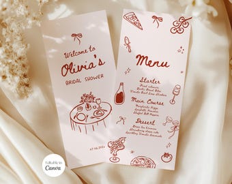 Das ist Amore Brautparty Menükarten Vorlage, Handgezeichnete Hochzeitsmenükarten, Hochzeitsmenü Benutzerdefinierte Vorlage, Probe Abendessen Menü