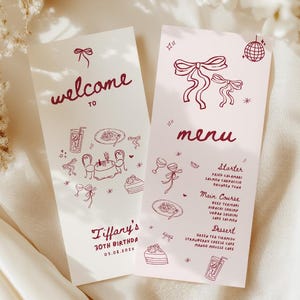 Bow Menu Template, Ribbon Wedding Menu Card, Pink Bow Menu Slim Menu Bridal Shower Menu Coquette Birthday Menu Card 4x9 Menu, Canva Template