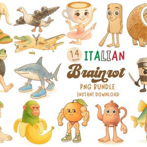 Italian Brainrot 14 Doodle Characters PNG Bundle, Ballerina Crocodile Tung Tung Sahur Tralalero for Shirt, Stickers, Mug Design, Clipart