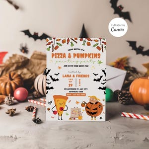 Pizza and Pumpkin Painting Invitation, Halloween Pumpkin Carving Party Invite Card, Editable Canva Template, Digital Instant Download Print