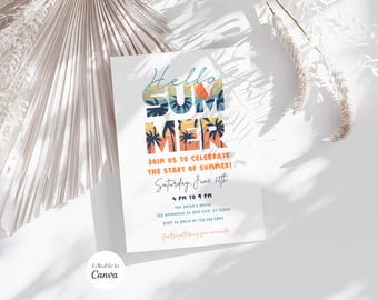 Invitación para fiesta de verano para adultos, tarjeta de invitación de verano, invitación de Pam Trees, invitación para fiesta en la piscina Aloha Luau, plantilla editable de Canva