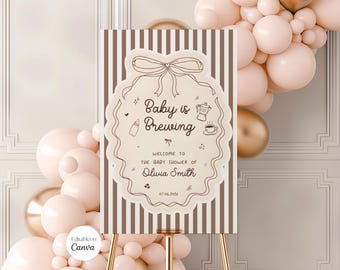 Baby is Brewing Welcome Sign, Coffee Baby Shower Decor, Baby Party Poster, Espresso Latte Bonjour Bebe, Canva Template Digital Download B001