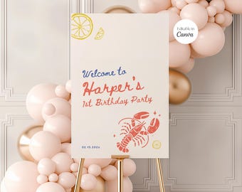 Letrero de bienvenida de cumpleaños con cangrejos hervidos: Decoración editable para fiesta de mariscos (descarga digital, 45,7 x 60,9 cm/60,9 x 91,4 cm)