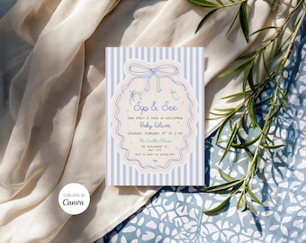 Sip and See Baby Shower Invitation, Editable Hand Drawn Baby Boy Meet and Greet, Blue Baby Shower Invite, Coquette, Bow, Canva Template