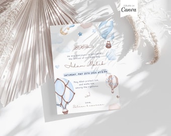 May include: A baby shower invitation with a blue and white watercolor hot air balloon design. The invitation reads "We are overjoyed to announce the arrival of our baby boy Adam Malik. Saturday, May 25th 202X at 5 PM. May Allah protect him, and make him among the righteous.  Love, Salman & Naureen."