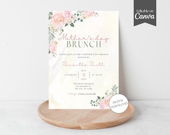 Floral Mothers Day Brunch Invitation, Editable Mothers Day Pink Flower Brunch Lunch Event Invite, Happy Mother's Day, Canva Template