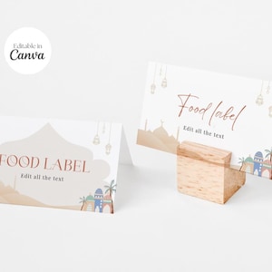 Etiqueta de comida editable para Eid, tarjetas de lugar para Ramadán, letrero personalizado para Eid, decoración para Ramadán Eid Mubarak, etiqueta para mezquita, plantilla de Canva para descargar digitalmente C201