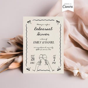 Rehearsal Dinner Invitation, The Night Before Invite, Whimsical Dinner Invite, Hand Drawn Coquette Wedding Rehearsal Editable Canva Template