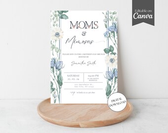 Editable Mothers Day Brunch Invite, Mom and Mimosas Invitation Brunch, Happy Mother's Day Flyer, Blue Floral Event Itinerary, Canva Template