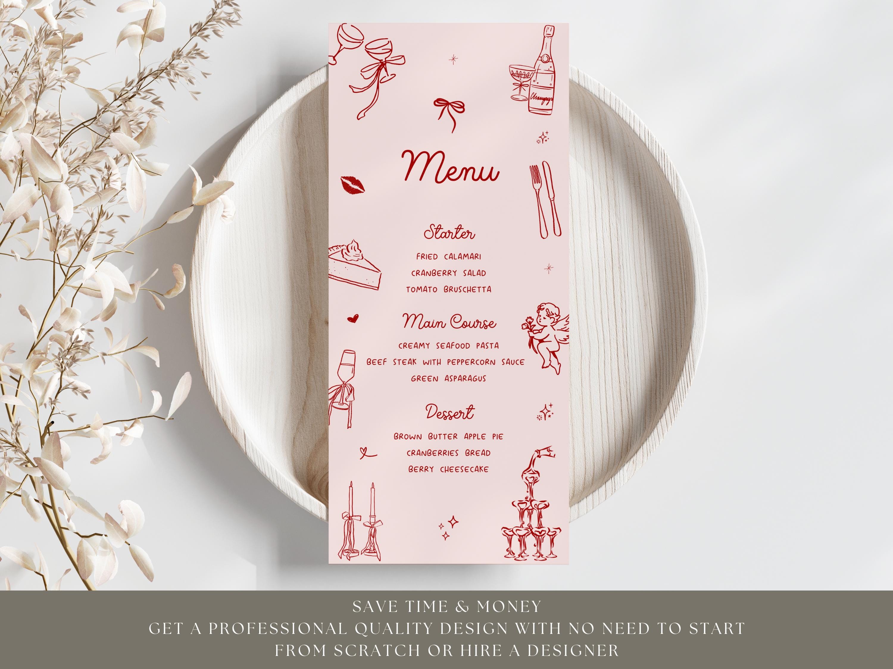 Editable Galentines Party Menu Card Template, Hand Drawn Menu Cards ...