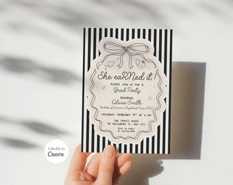 May include: A graduation party invitation card featuring a black and white vertical striped background. The center has a scalloped cream-colored frame with a bow illustration, a graduation cap, and a stethoscope. Text reads: She earNed it! Please join us for a Grad Party honoring Olivia Smith, Bachelor of Science in Registered Nurse (RN), Saturday, February 14th at 8 PM, The Smith's House, 123 Anywhere St, Any City, RSVP to Emily at 123-456-7890.