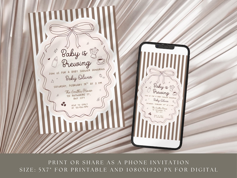 May include: Baby shower invitation with the text "Baby is Brewing" in a decorative frame, featuring a bow, coffee pot, and baby bottle. The invitation is on a striped background, with a matching design displayed on a smartphone.
