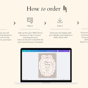 May include: A laptop displays a baby shower invitation template with a brown and white striped background. The image includes instructions on how to order the template, from purchasing to printing.