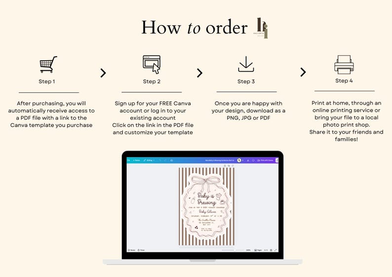 May include: A laptop displays a baby shower invitation template with a brown and white striped background. The image includes instructions on how to order the template, from purchasing to printing.