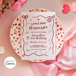 Little Miss Threenager, 3rd Birthday Party Invitation, Girls Makeup Three Theme Pink Coquette Invite Girly Doodle Hand Drawn Minimal Bow