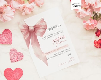 May include: A pink and white baby shower announcement card with a watercolor illustration of a pink bow. The card reads "We are overjoyed to announce the arrival of our baby girl Amalia Yasmin. Saturday, May 25th 2024 at 5 PM. May Allah protect her and make her among the righteous. Amin. Love, Solan & Mu"